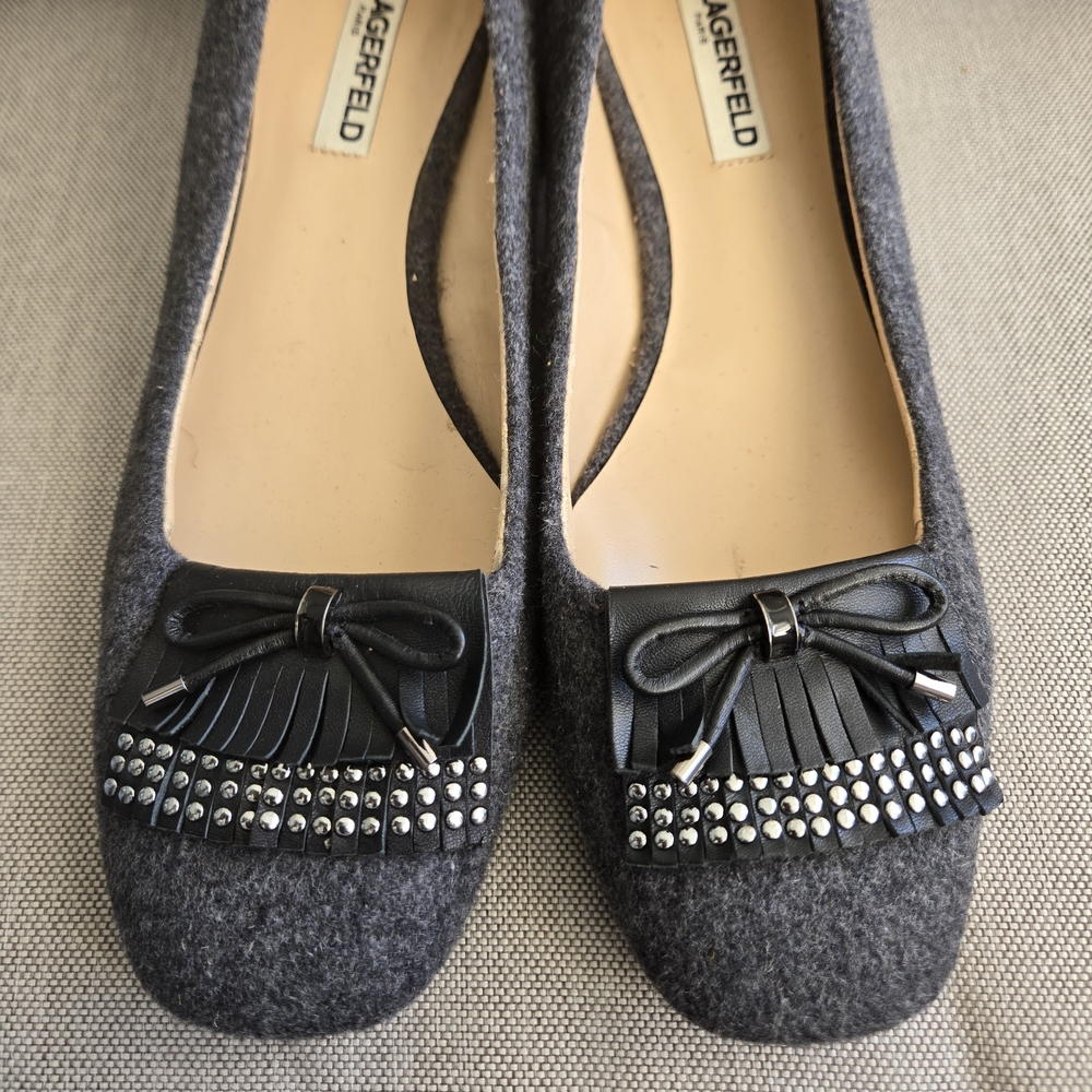 Karl Lagerfeld Paris Cindy Gray & Black Wool Block Heel Shoes Size 10 - Picture 10 of 10